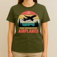 Easily Distracted By Airplanes Lover Retro Funny Pilot T-Shirt