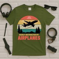 Easily Distracted By Airplanes Lover Retro Funny Pilot T-Shirt