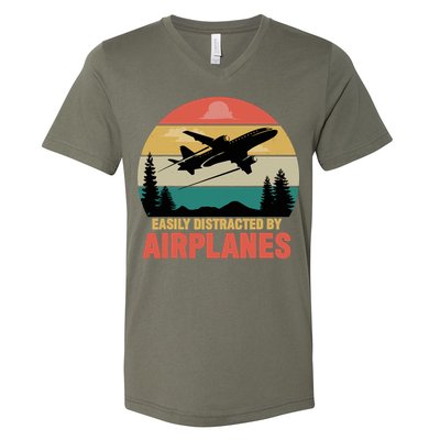 Easily Distracted By Airplanes Lover Retro Funny Pilot V-Neck T-Shirt