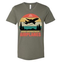 Easily Distracted By Airplanes Lover Retro Funny Pilot V-Neck T-Shirt