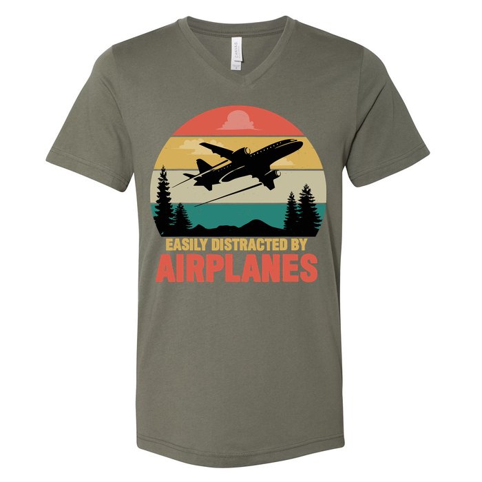 Easily Distracted By Airplanes Lover Retro Funny Pilot V-Neck T-Shirt