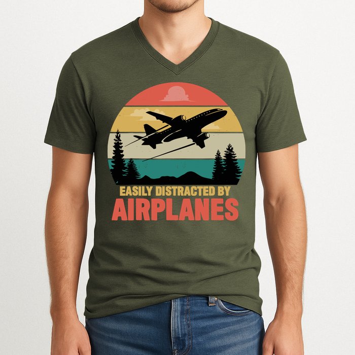 Easily Distracted By Airplanes Lover Retro Funny Pilot V-Neck T-Shirt