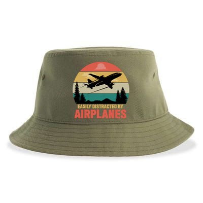 Easily Distracted By Airplanes Lover Retro Funny Pilot Sustainable Bucket Hat