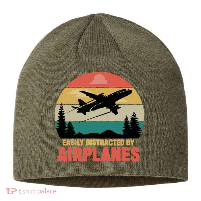Easily Distracted By Airplanes Lover Retro Funny Pilot Sustainable Beanie
