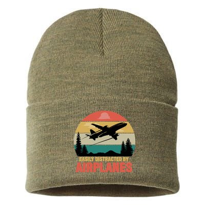 Easily Distracted By Airplanes Lover Retro Funny Pilot Sustainable Knit Beanie