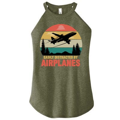 Easily Distracted By Airplanes Lover Retro Funny Pilot Women's Perfect Tri Rocker Tank