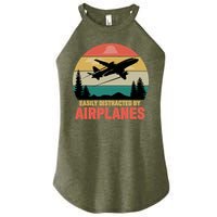 Easily Distracted By Airplanes Lover Retro Funny Pilot Women's Perfect Tri Rocker Tank