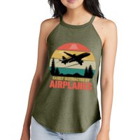 Easily Distracted By Airplanes Lover Retro Funny Pilot Women's Perfect Tri Rocker Tank