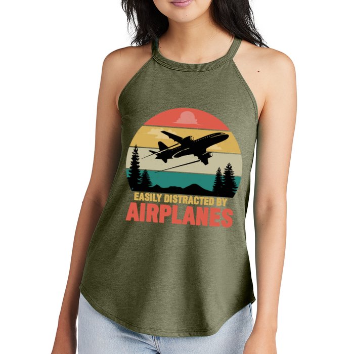 Easily Distracted By Airplanes Lover Retro Funny Pilot Women's Perfect Tri Rocker Tank