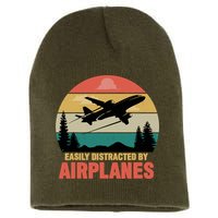 Easily Distracted By Airplanes Lover Retro Funny Pilot Short Acrylic Beanie