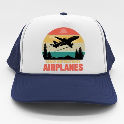 Easily Distracted By Airplanes Lover Retro Funny Pilot Trucker Hat