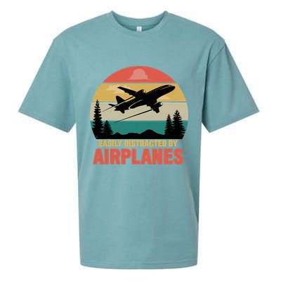 Easily Distracted By Airplanes Lover Retro Funny Pilot Sueded Cloud Jersey T-Shirt