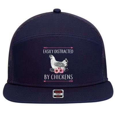 Easily Distracted By Chickens For Chicken Lovers Funny 7 Panel Mesh Trucker Snapback Hat