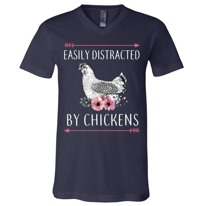 Easily Distracted By Chickens For Chicken Lovers Funny V-Neck T-Shirt