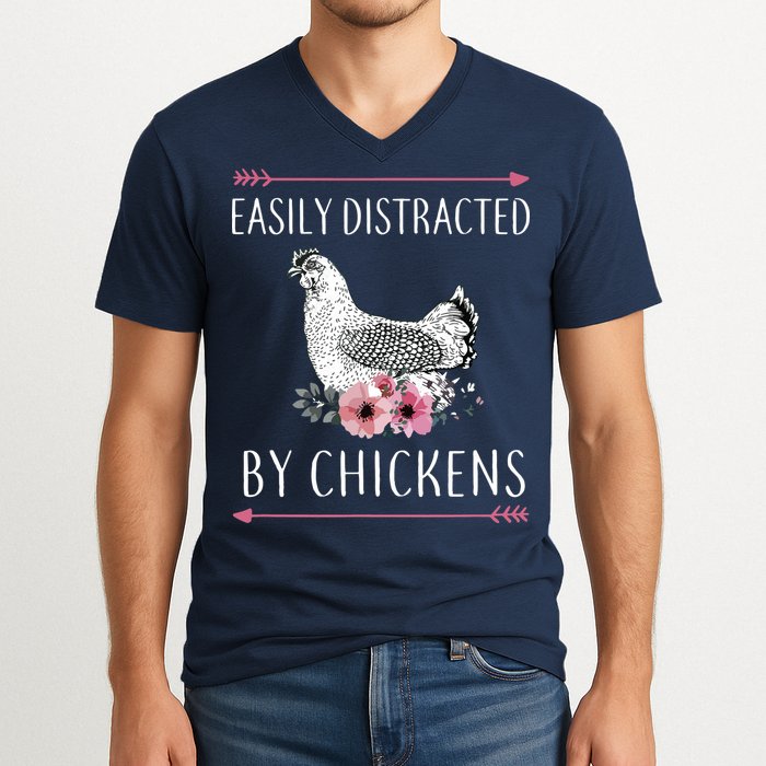 Easily Distracted By Chickens For Chicken Lovers Funny V-Neck T-Shirt