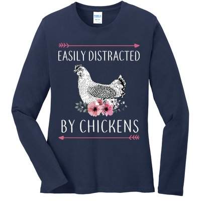 Easily Distracted By Chickens For Chicken Lovers Funny Ladies Long Sleeve Shirt