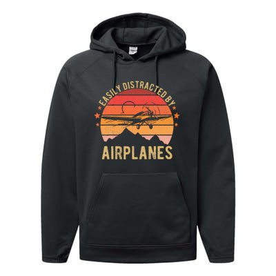 Easily Distracted By Airplanes Lover Pilot Funny Aviation Performance Fleece Hoodie