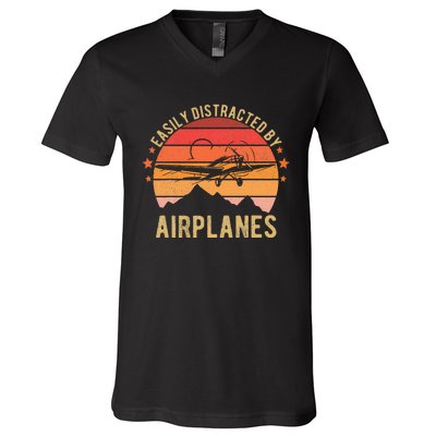 Easily Distracted By Airplanes Lover Pilot Funny Aviation V-Neck T-Shirt