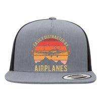 Easily Distracted By Airplanes Lover Pilot Funny Aviation Flat Bill Trucker Hat