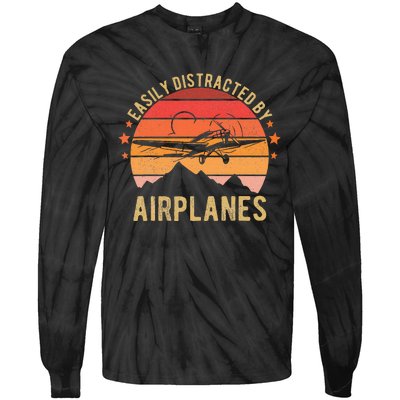 Easily Distracted By Airplanes Lover Pilot Funny Aviation Tie-Dye Long Sleeve Shirt