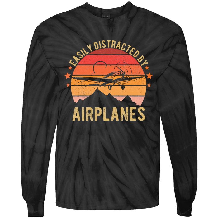 Easily Distracted By Airplanes Lover Pilot Funny Aviation Tie-Dye Long Sleeve Shirt