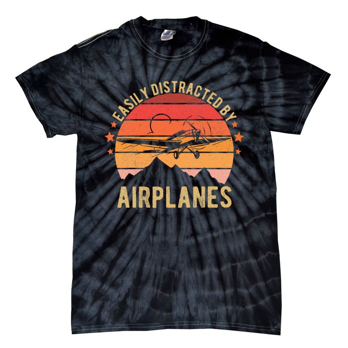 Easily Distracted By Airplanes Lover Pilot Funny Aviation Tie-Dye T-Shirt