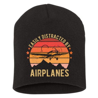 Easily Distracted By Airplanes Lover Pilot Funny Aviation Short Acrylic Beanie