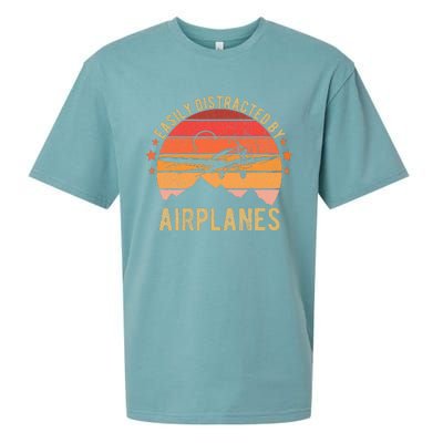 Easily Distracted By Airplanes Lover Pilot Funny Aviation Sueded Cloud Jersey T-Shirt