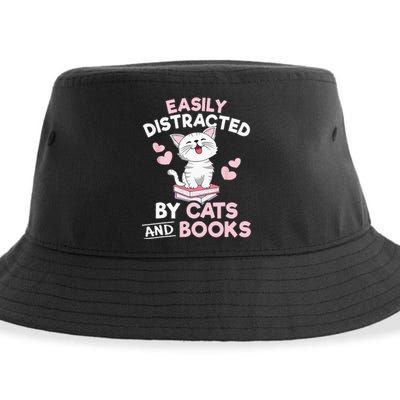 Easily Distracted By Cats And Books Cute Cat Book Lover Sustainable Bucket Hat