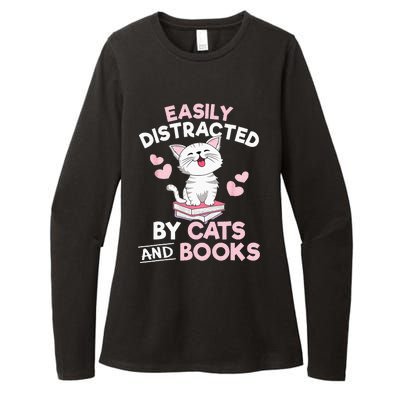 Easily Distracted By Cats And Books Cute Cat Book Lover Womens CVC Long Sleeve Shirt