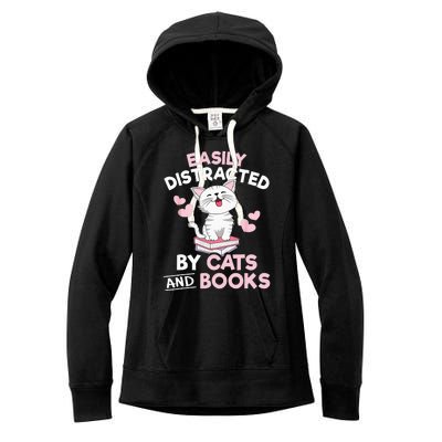 Easily Distracted By Cats And Books Cute Cat Book Lover Women's Fleece Hoodie