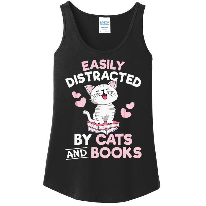 Easily Distracted By Cats And Books Cute Cat Book Lover Ladies Essential Tank