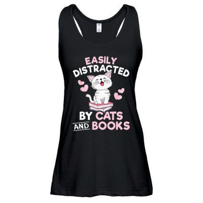 Easily Distracted By Cats And Books Cute Cat Book Lover Ladies Essential Flowy Tank