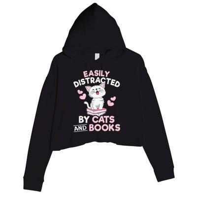 Easily Distracted By Cats And Books Cute Cat Book Lover Crop Fleece Hoodie