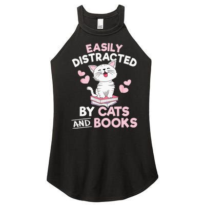 Easily Distracted By Cats And Books Cute Cat Book Lover Women’s Perfect Tri Rocker Tank