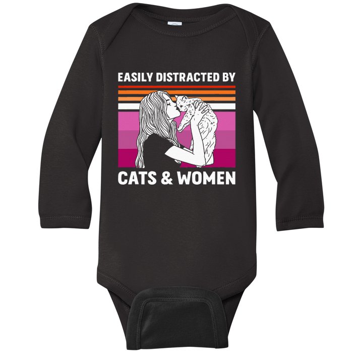 Easily Distracted By Cats And Wo Funny For Lesbian Pride Baby Long Sleeve Bodysuit