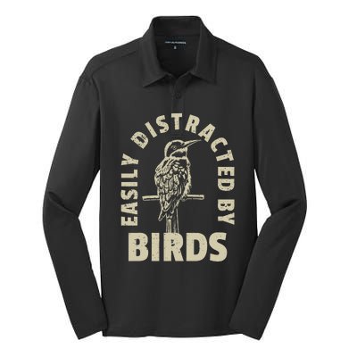 Easily Distracted By Birds Silk Touch Performance Long Sleeve Polo