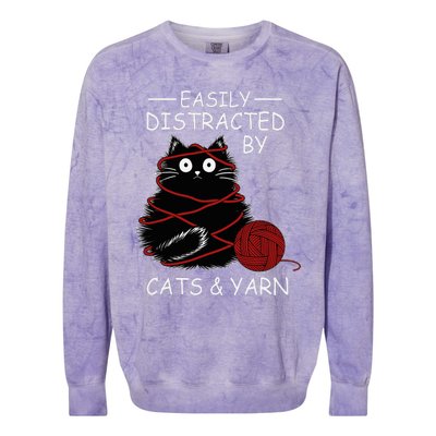 Easily Distracted By Cats And Yarn Kitten Lover Crochet Colorblast Crewneck Sweatshirt