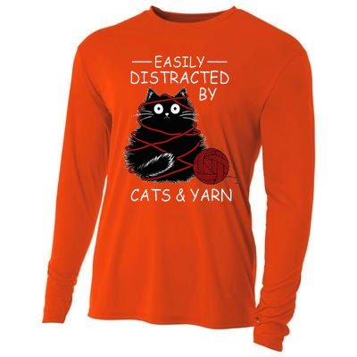 Easily Distracted By Cats And Yarn Kitten Lover Crochet Cooling Performance Long Sleeve Crew