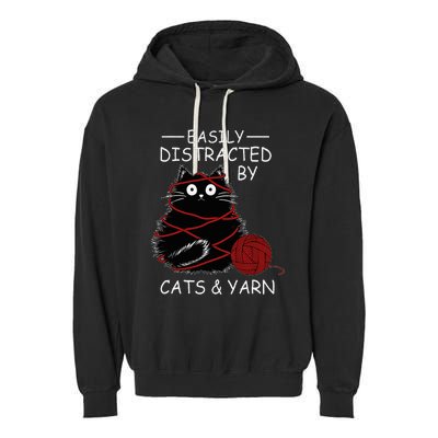 Easily Distracted By Cats And Yarn Kitten Lover Crochet Garment-Dyed Fleece Hoodie