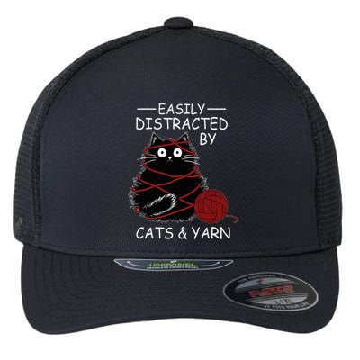 Easily Distracted By Cats And Yarn Kitten Lover Crochet Flexfit Unipanel Trucker Cap