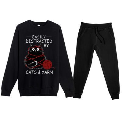 Easily Distracted By Cats And Yarn Kitten Lover Crochet Premium Crewneck Sweatsuit Set