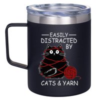 Easily Distracted By Cats And Yarn Kitten Lover Crochet 12oz Stainless Steel Coffee Mug