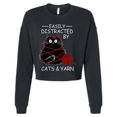 Easily Distracted By Cats And Yarn Kitten Lover Crochet Cropped Pullover Crew