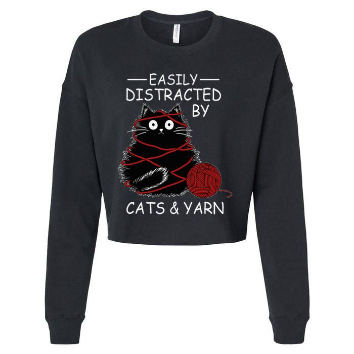 Easily Distracted By Cats And Yarn Kitten Lover Crochet Cropped Pullover Crew
