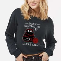 Easily Distracted By Cats And Yarn Kitten Lover Crochet Cropped Pullover Crew