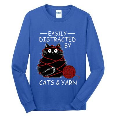 Easily Distracted By Cats And Yarn Kitten Lover Crochet Tall Long Sleeve T-Shirt