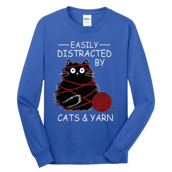 Easily Distracted By Cats And Yarn Kitten Lover Crochet Tall Long Sleeve T-Shirt