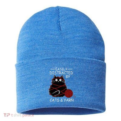 Easily Distracted By Cats And Yarn Kitten Lover Crochet Sustainable Knit Beanie