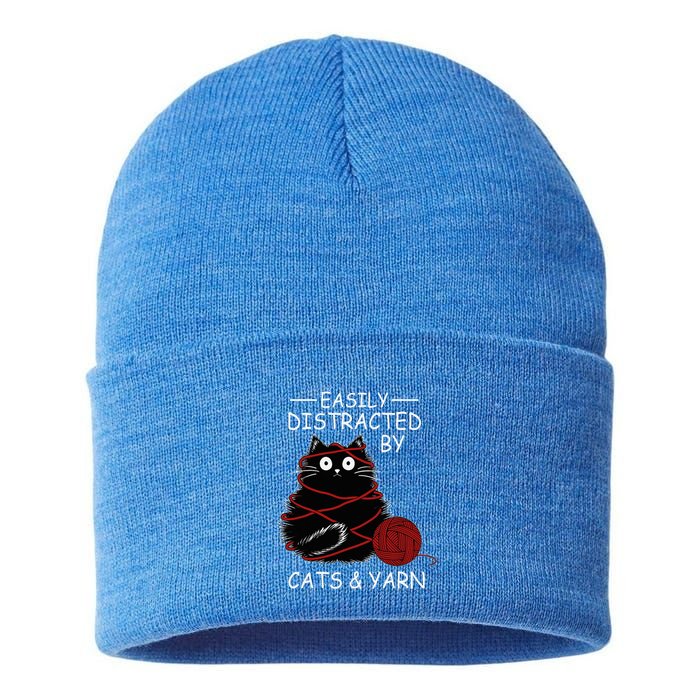 Easily Distracted By Cats And Yarn Kitten Lover Crochet Sustainable Knit Beanie